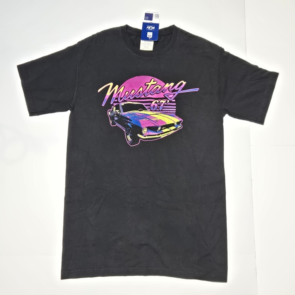 Ford Mustang 67 Graphic T Shirt Men's Small Black Neon Retro Muscle Car Tee NWT